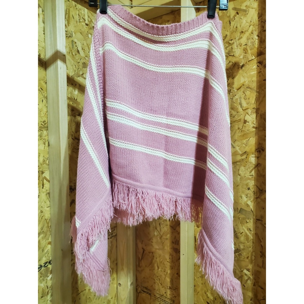 VINTAGE FRINGED SHAWL Wrap Stole Cloak PINK & White Knitted One Size By Zummer